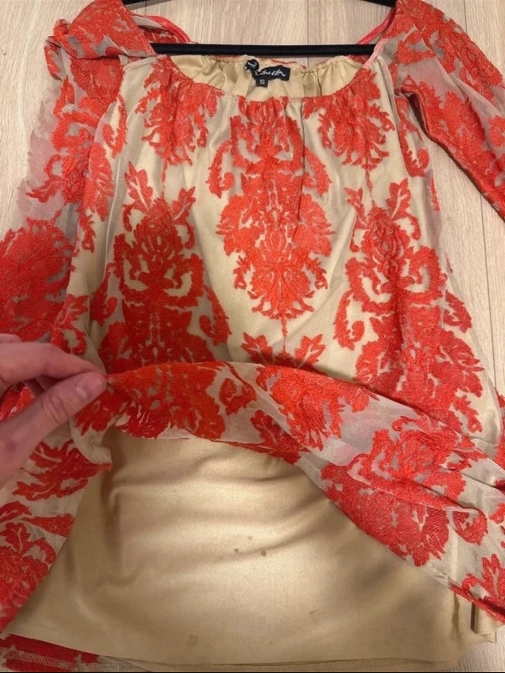 For Love and Lemons Off-Shoulder Peasant Coral Mini Mesh Bell Sleeve Dress - Picture 9 of 9